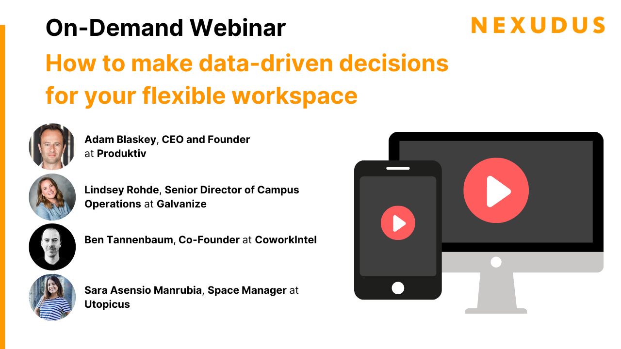 Nexudus On-Demand Webinars: How to make data-driven decisions for your flexible workspace. Graphic of phone and computer screen with a play button